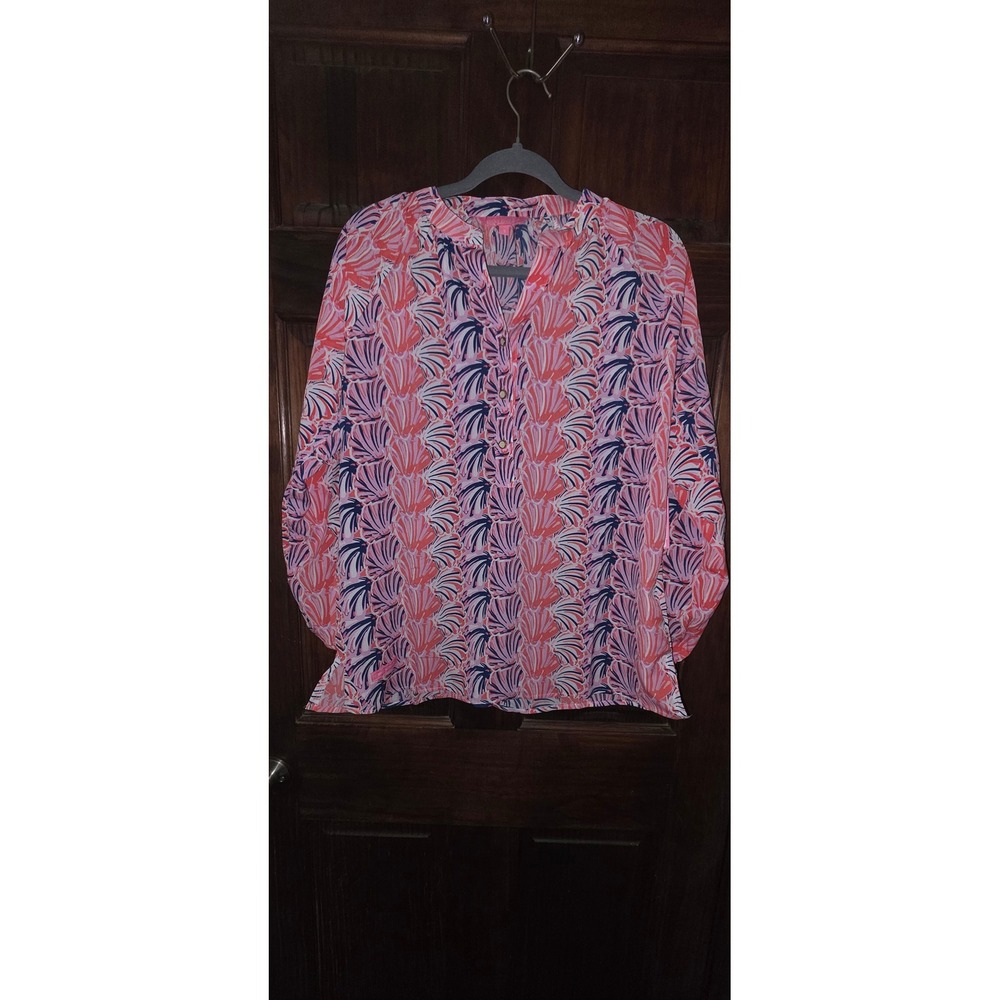 Simply Southern Peasant Blouse Scallop Shell Pink Navy Orange Small 0122-PEASANT